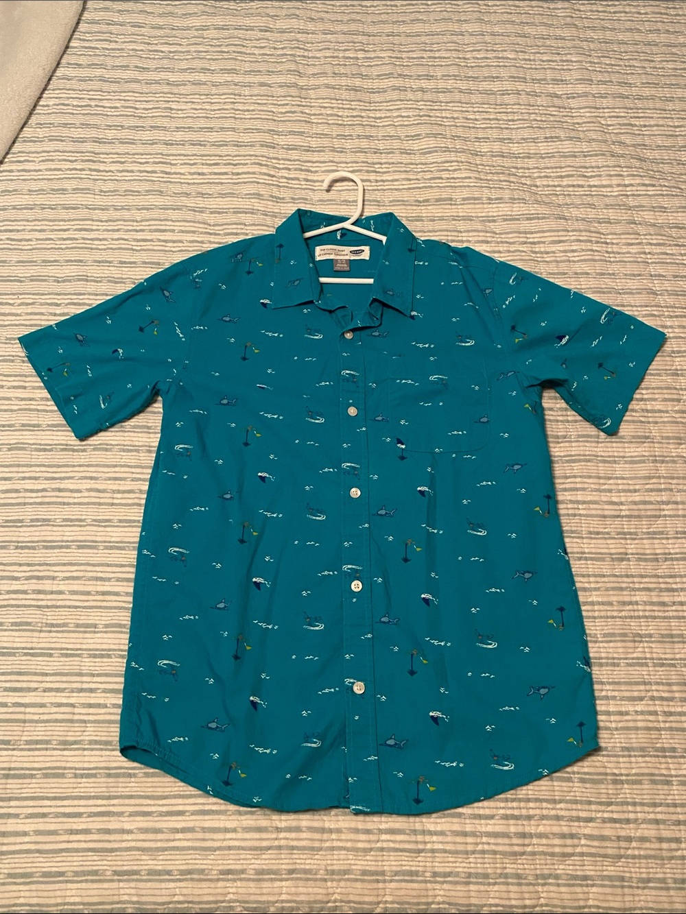 Old Navy Teal Short-Sleeve Button-Down Shirt with Nautical Coastal Print